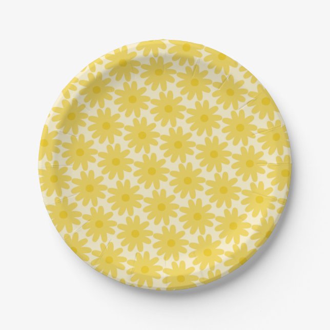 Cute Floral Daisy Pattern in Yellow Paper Plate (Front)