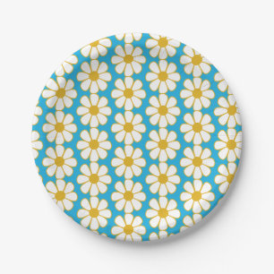 Cute Floral Daisy Pattern Mustard and Blue Paper Plate