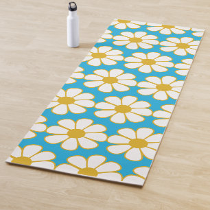 Cute Floral Daisy Pattern Mustard and Blue Yoga Mat