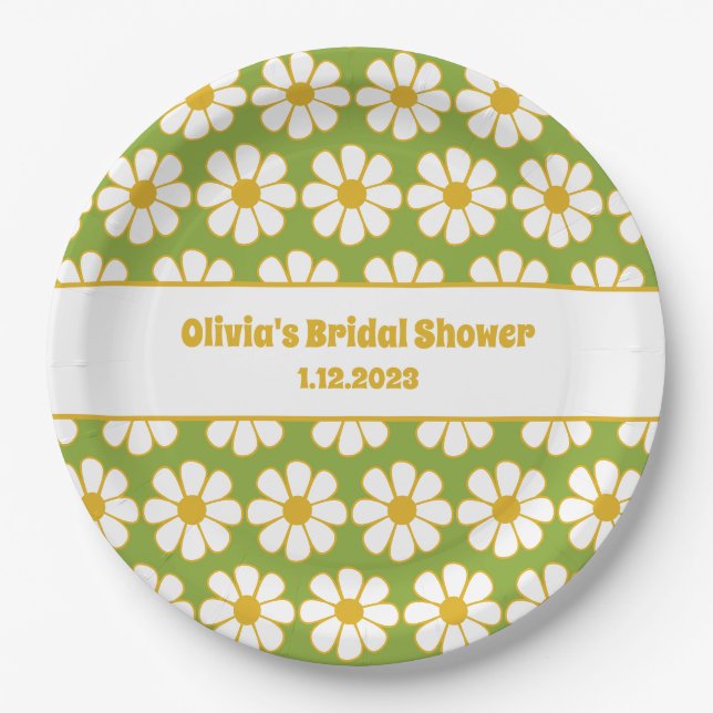 Cute Floral Daisy Pattern Mustard and Green Paper Plate (Front)
