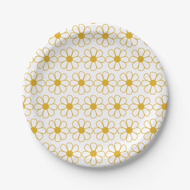Cute Floral Daisy Pattern Mustard Gold and White  Paper Plate (Front)