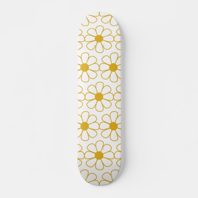 Cute Floral Daisy Pattern Mustard Gold and White Skateboard (Front)