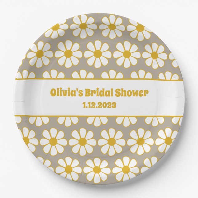 Cute Floral Daisy Pattern Mustard White Grey Paper Plate (Front)