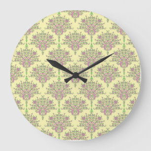 Cute Floral Damask in Pink Green and Pale Yellow Large Clock