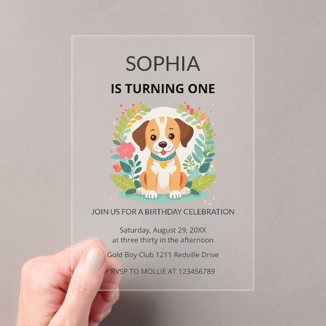 Cute Floral Dog Kids First Birthday  Acrylic Invitations (Insitu (Handheld))