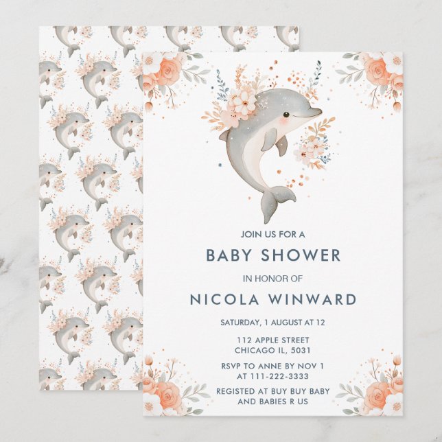 Cute Floral Dolphin Baby Shower Invitation (Front/Back)