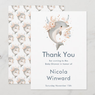 Cute Floral Dolphin Baby Shower Thank You Card