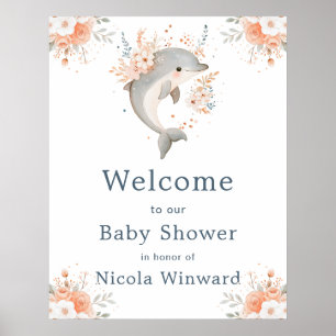 Cute Floral Dolphin Baby Shower Welcome Poster