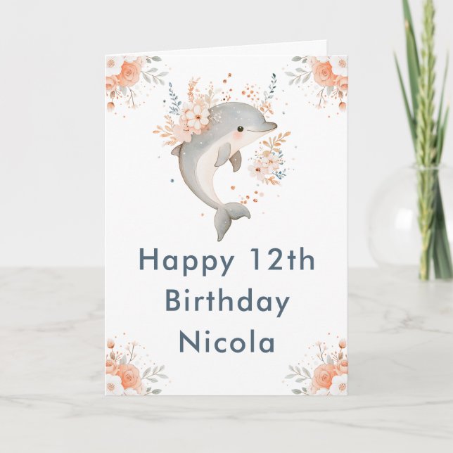Cute Floral Dolphin Birthday Party Card (Front)