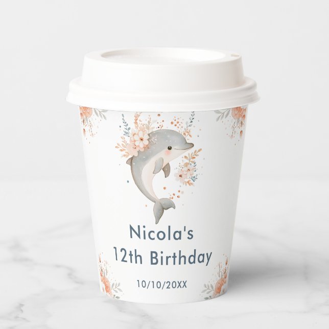 Cute Floral Dolphin Birthday Party Paper Cups (Front)