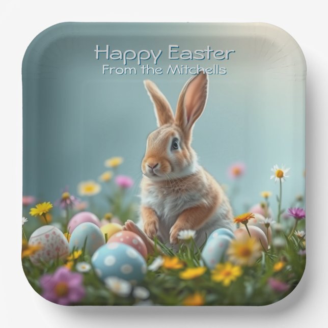 Cute Floral Easter Bunny Party Personalized Paper Plate (Front)