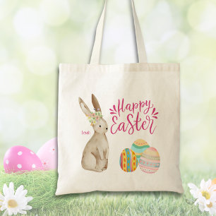 Cute Floral Easter Bunny With Eggs Easter Tote Bag