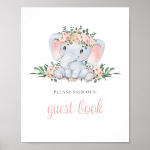 Cute Floral Elephant Baby Shower Guest Book Sign