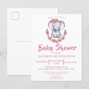 Cute Floral Elephant Pink Baby Shower Invitation P Postcard