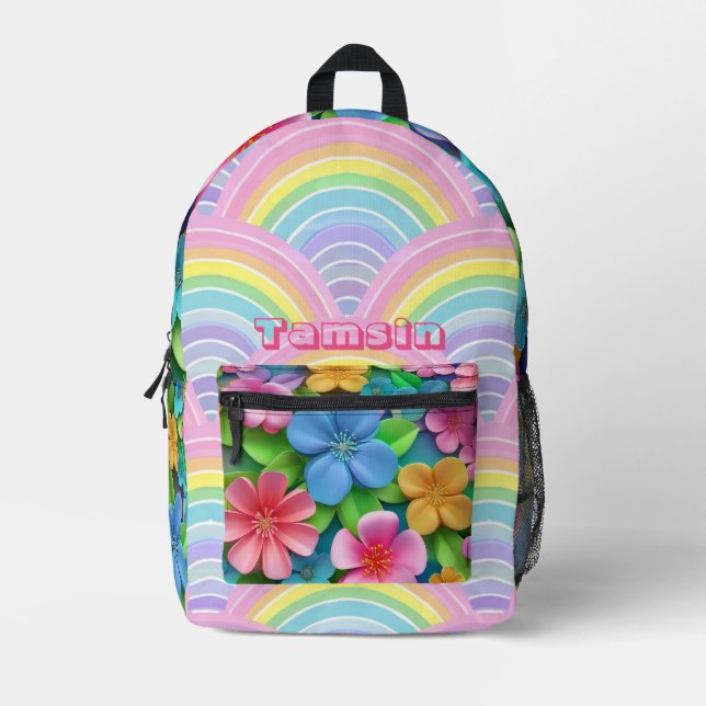 Cute Floral Fantasy & Rainbow Whimsy Personalized  Printed Backpack (Front)