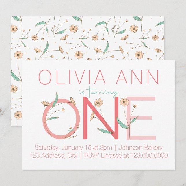 Cute Floral First Birthday Invitation (Front/Back)