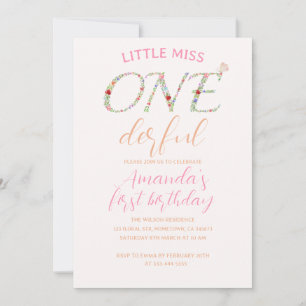 Cute Floral First Birthday Little Miss ONE Derful Invitation