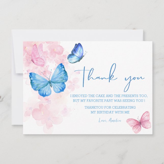 Cute Floral flutter on over Butterflies Birthday  Thank You Card (Front)