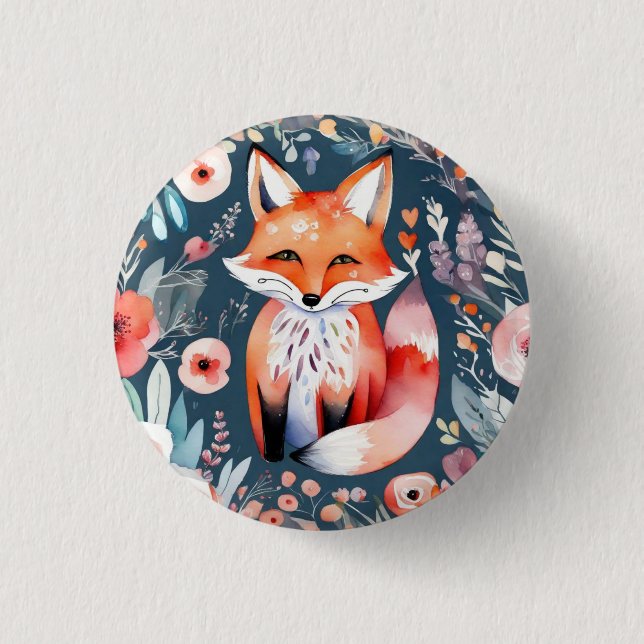 Cute floral fox  1 inch round button (Front)