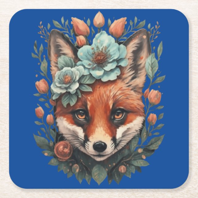 Cute floral fox square paper coaster (Front)