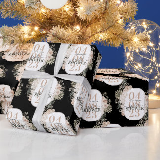 Cute Floral Frame Bridal Shower Personalized Black Wrapping Paper