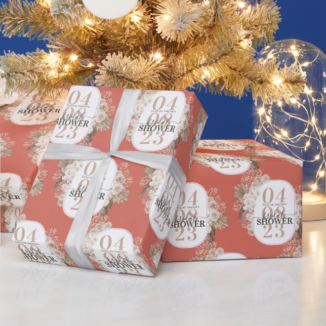 Cute Floral Frame Bridal Shower With Name | Date Wrapping Paper (Holidays)