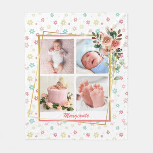 cute Floral Frame New Baby Personalized 4 Photo Fleece Blanket