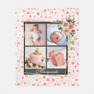 cute Floral Frame New Baby Personalized 4 Photo Fleece Blanket