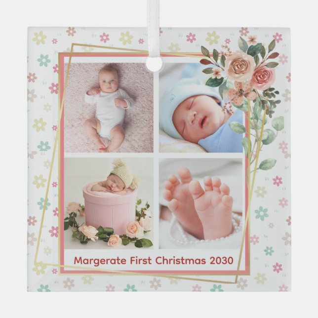 cute Floral Frame New Baby Personalized 4 Photo  Glass Ornament (Front)