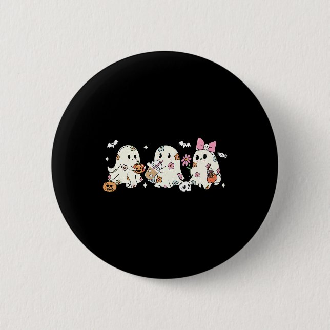 Cute Floral Ghost Drinking Coffee Halloween Ghost  2 Inch Round Button (Front)