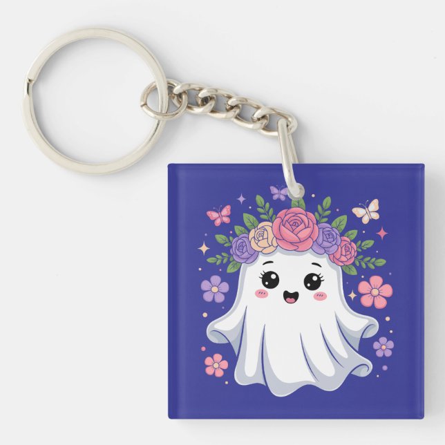 Cute Floral Ghost Kawaii Halloween Ghost Keychain (Front)