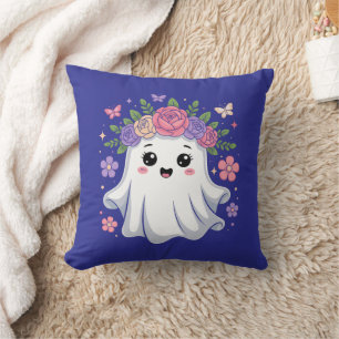 Cute Floral Ghost Kawaii Halloween Ghost Throw Pillow