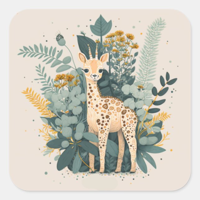 Cute floral giraffe  paper plates square sticker (Front)