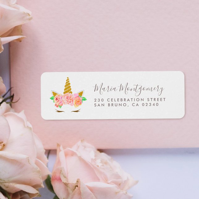 Cute Floral Gold Parties scintillant Unicorne et n (Return Address Label Mock-up)