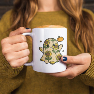 Cute Floral Halloween Ghost Sunflower Pattern Coffee Mug