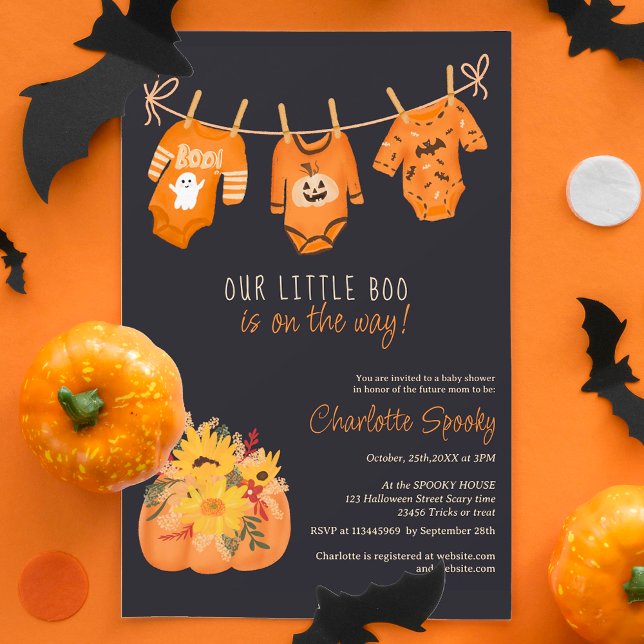 Cute floral Halloween little boo baby shower Invitation (Cute floral Halloween little boo baby shower Invitation on dark)