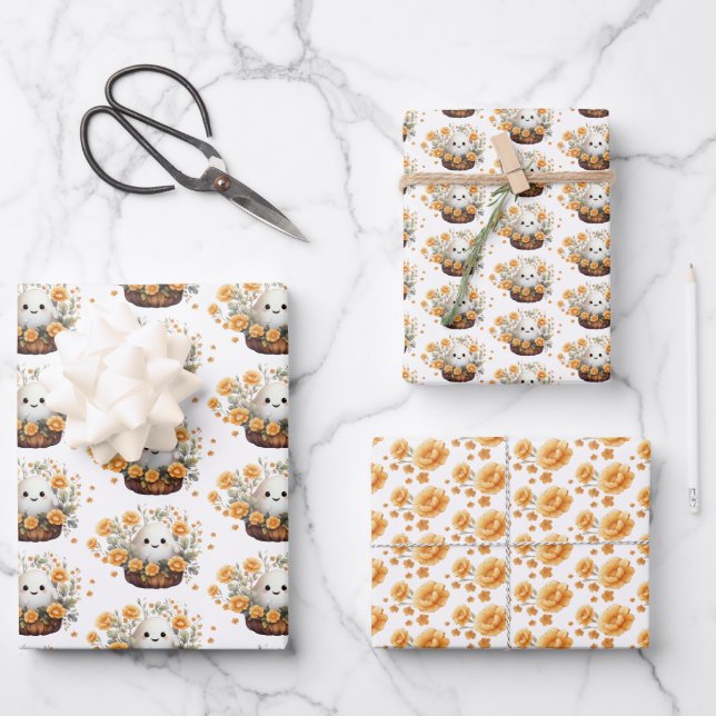 Cute Floral Halloween Wrapping Paper Sheet (Front)