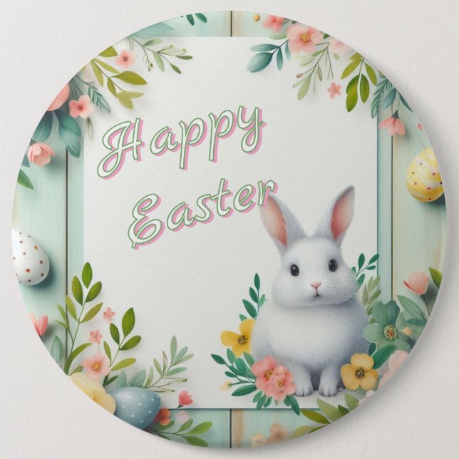 Cute, floral happy Easter bunny 6 Inch Round Button (Front)