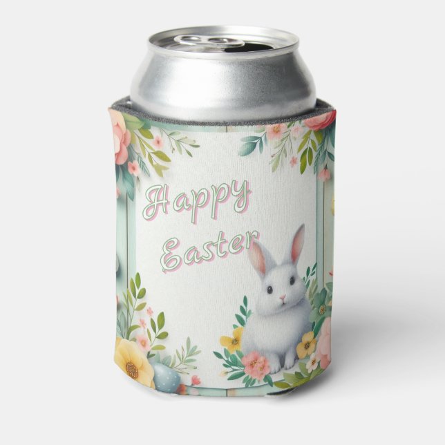 Cute, floral happy Easter bunny Can Cooler (Can Back)