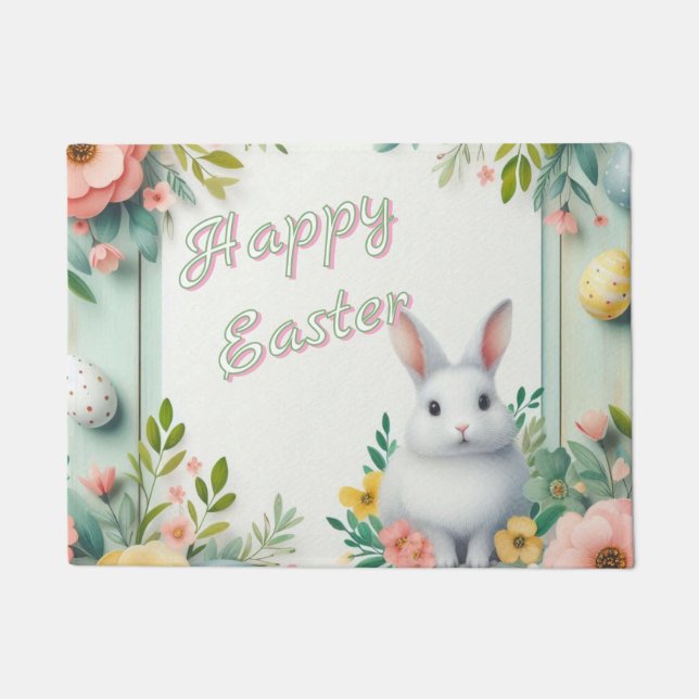 Cute, floral happy Easter bunny Doormat (Front)