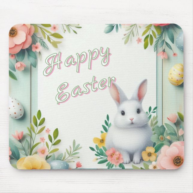 Cute, floral happy Easter bunny Mouse Pad (Front)