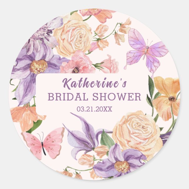 Cute Floral He Gives Me Butterflies Bridal Shower Classic Round Sticker (Front)