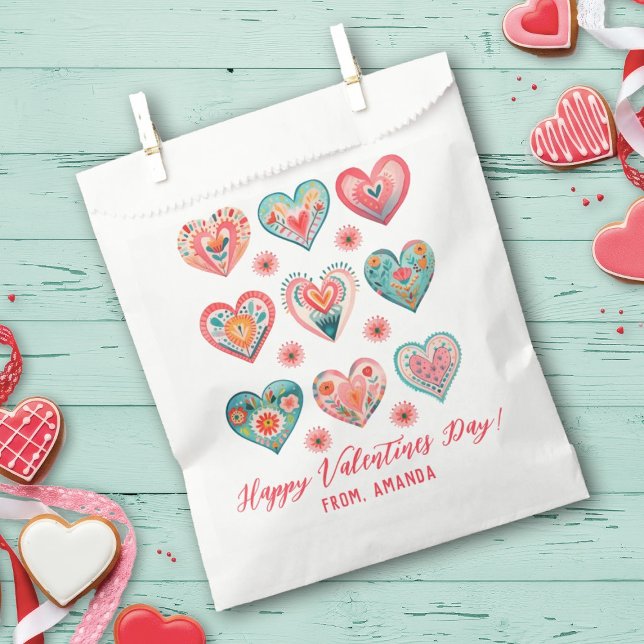 Cute Floral Heart Pattern Favour Bag (A cute Valentine's Day Treat bag with watercolor hearts. Great for a Valentines classroom exchange)