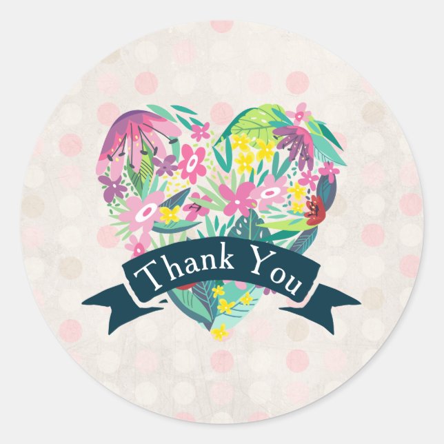 Cute Floral Heart with Tropical Flowers Thank You Classic Round Sticker (Front)