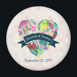 Cute Floral Heart with Tropical Flowers Wedding Magnet<br><div class="desc">A personalized wedding magnet. Customize with your names inside a blue-green ribbon layered over a charming heart filled with flowers and leaves in pink, green and yellow colours. The background is a faded pattern with circles in light pink and white. Summery and whimsical design with a vintage flair. Add your...</div>