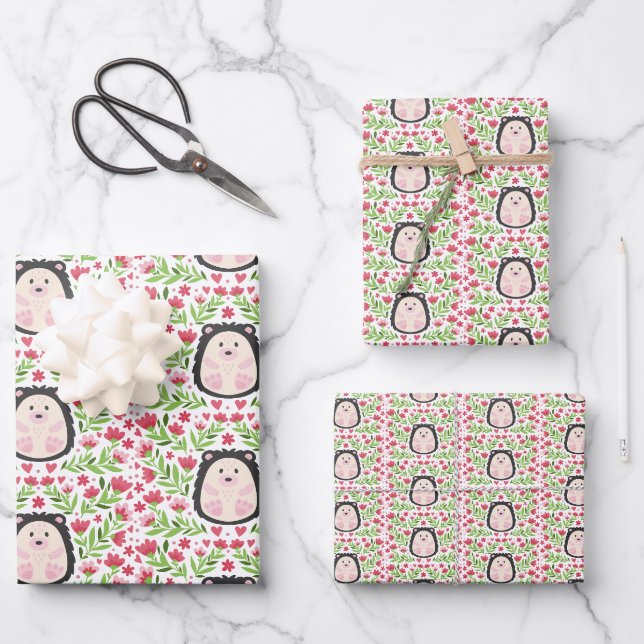 Cute Floral Hedgehog Wrapping Paper Sheet (Front)