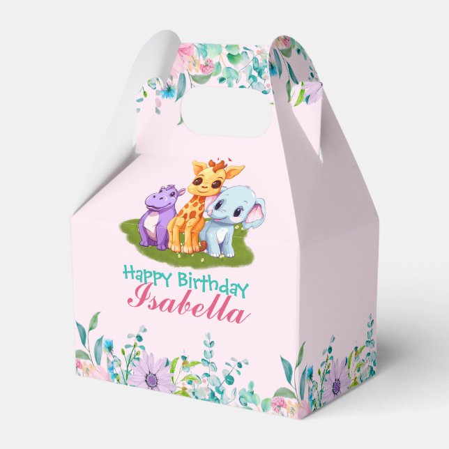 Cute Floral Hippo safari jungle Animals Birthday Favor Box (Front Side)