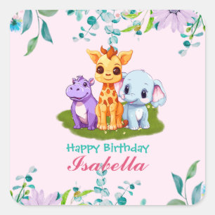 Cute Floral Hippo safari jungle Animals Birthday Square Sticker