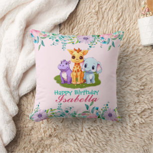 Cute Floral Hippo safari jungle Animals Birthday Throw Pillow