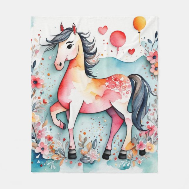 Cute floral horse fleece blanket (Front)